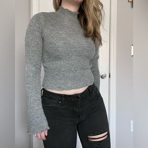 Gray Ribbed Crop Top with Bell Sleeves
